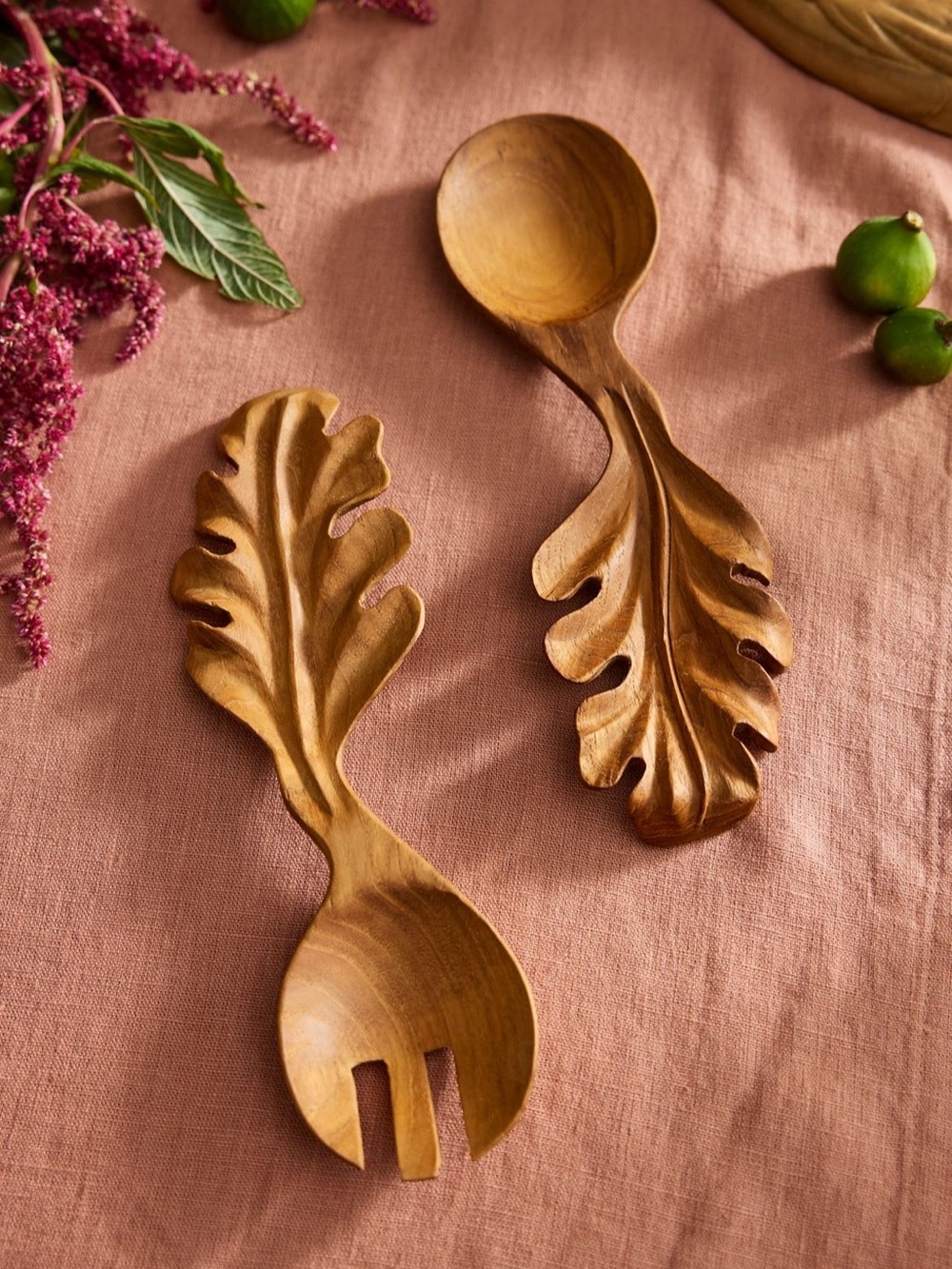 Anthropologie Carved Oak Leaf Wooden Salad Servers in Warm Brown